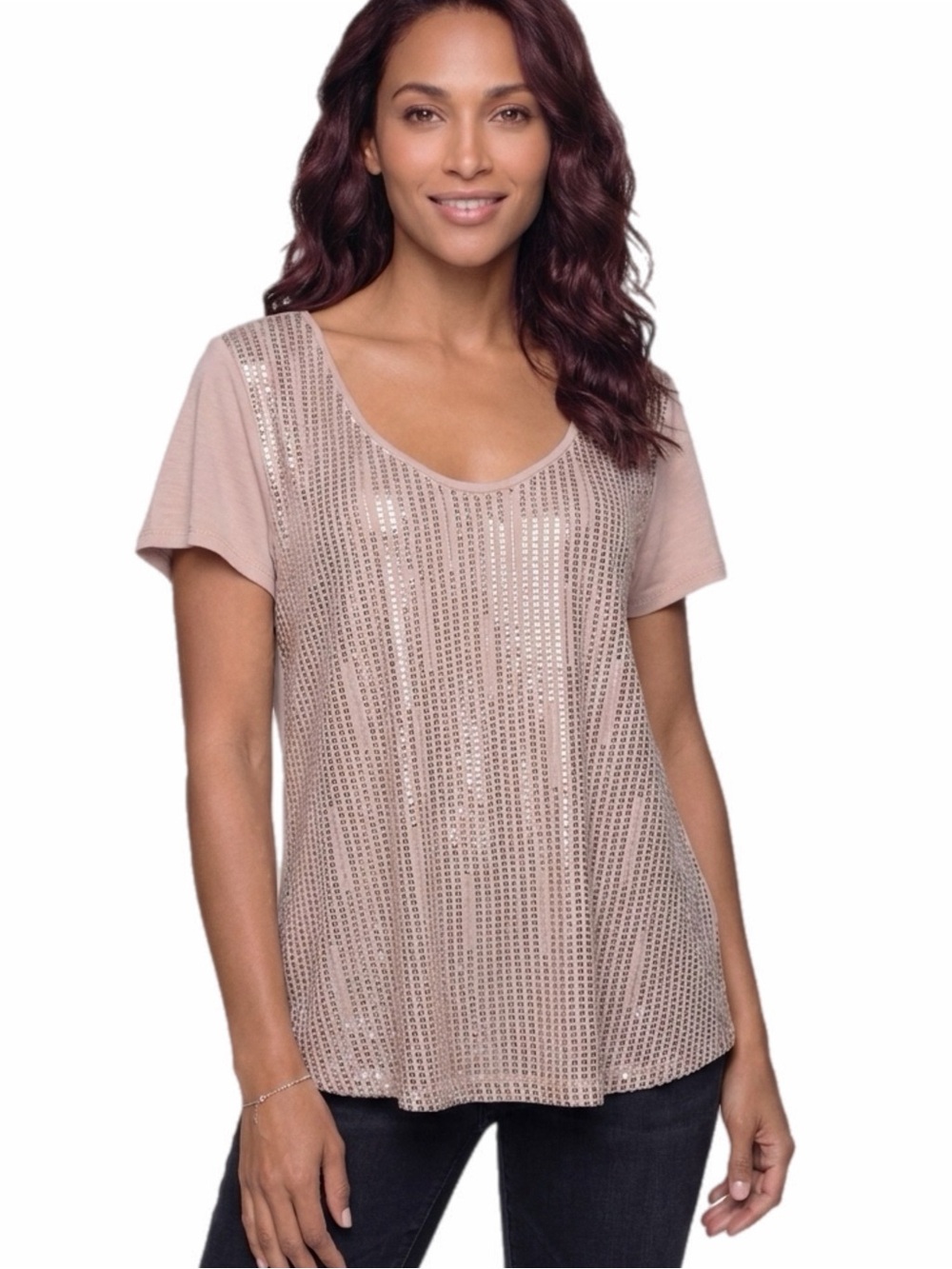 ANN TAYLOR LOFT Blush with Gold Sequins and Tube Beads Scoop Neck Top Size XL